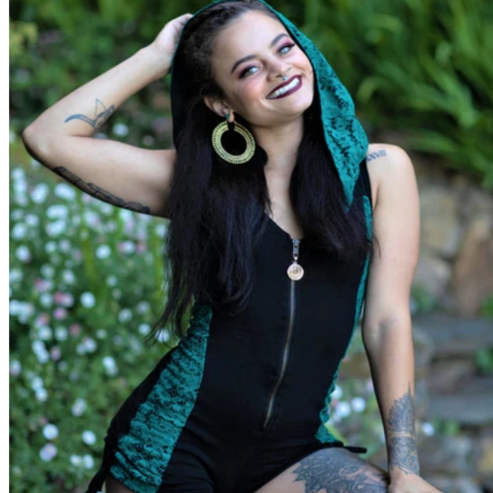 Black and Teal Noralina Romper with Hood, medium
